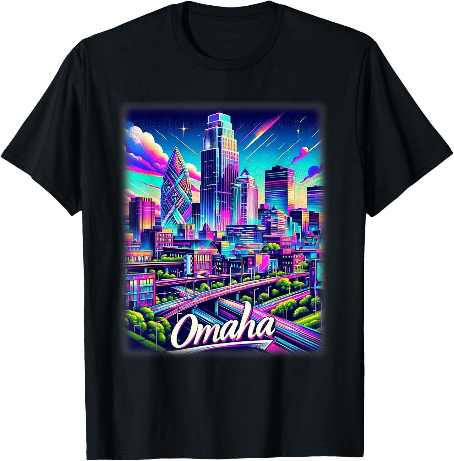 Omaha Nebraska Shirt Family Trip 80s 90s Retro City Skyline T-Shirt - T-Shirt | Black