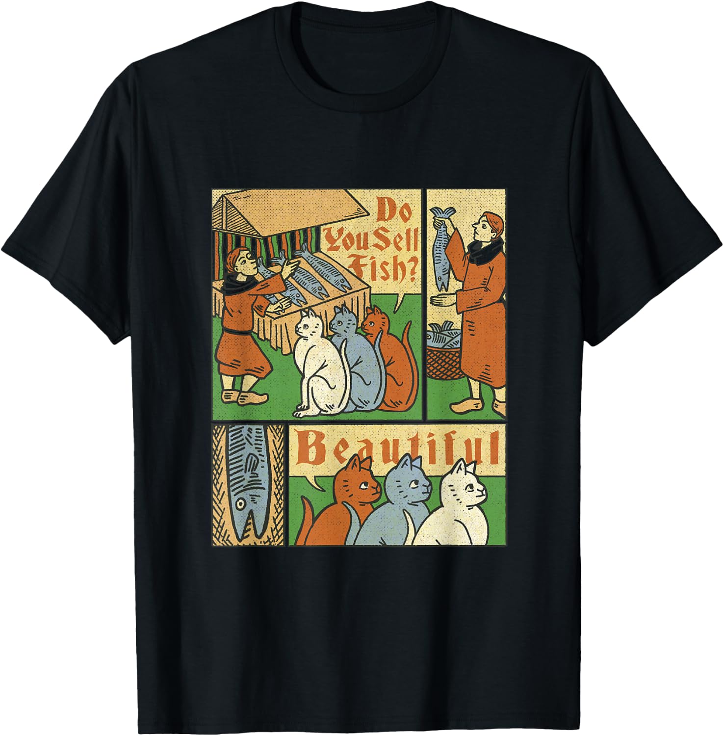 Medieval Cats Asking For Fish T-Shirt - T-Shirt | Black