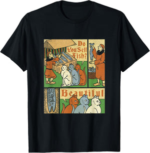 Medieval Cats Asking For Fish T-Shirt - T-Shirt | Black