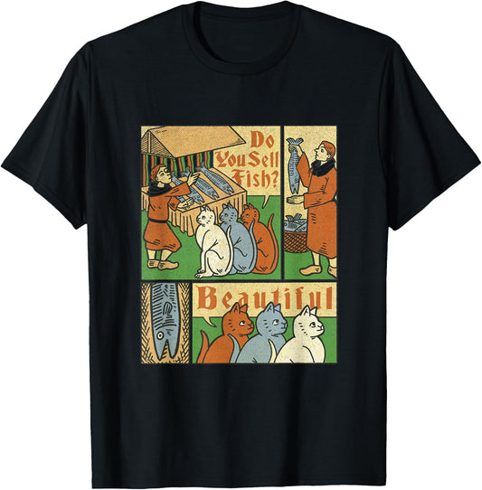 Medieval Cats Asking For Fish T-Shirt - T-Shirt | Black