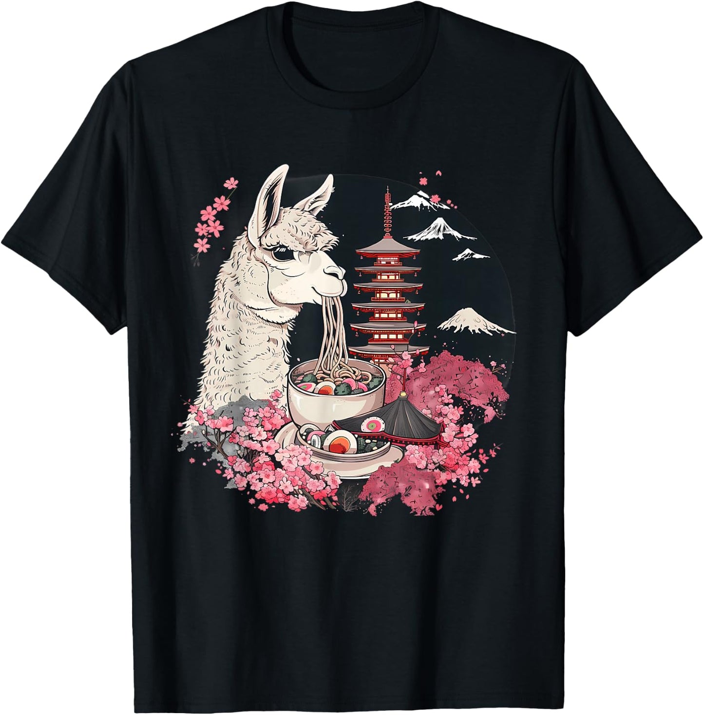 Llama Ramen Mount Fuji Sakura Pagoda Llamen Ramen Noodles T-Shirt - T-Shirt | Black