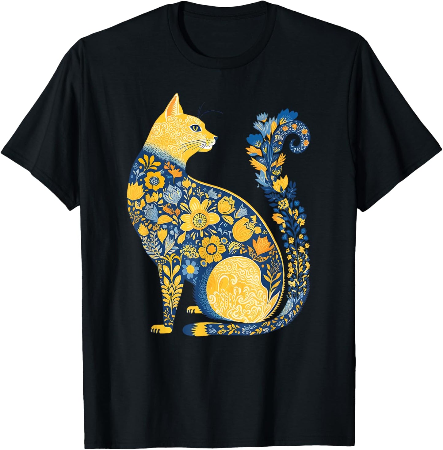 Ukrainian Cat Cute Floral Vintage Ukraine Flag & Vyshyvanka T-Shirt - T-Shirt | Black