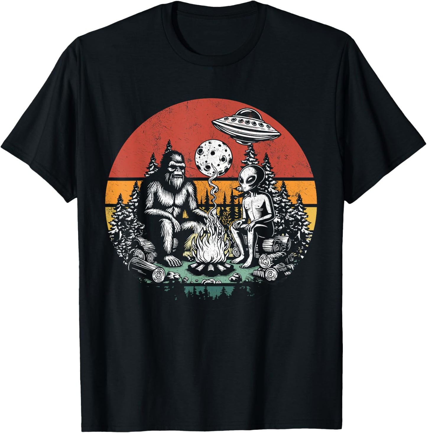 Outdoor Camping UFO Funny Retro Bigfoot And Alien Campfire T-Shirt - T-Shirt | Black