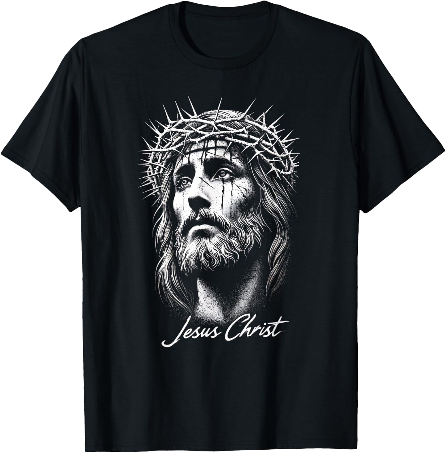 Jesus Christ in Crown of Thorns Distressed T-Shirt - T-Shirt | Black
