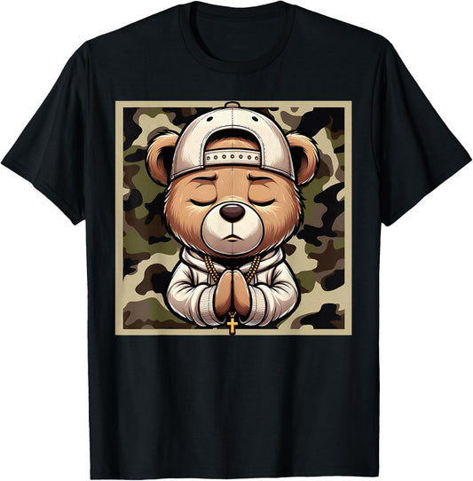 Camo Hip Hop Teddy Bear Praying Christian Streetwear Church T-Shirt - T-Shirt | Black