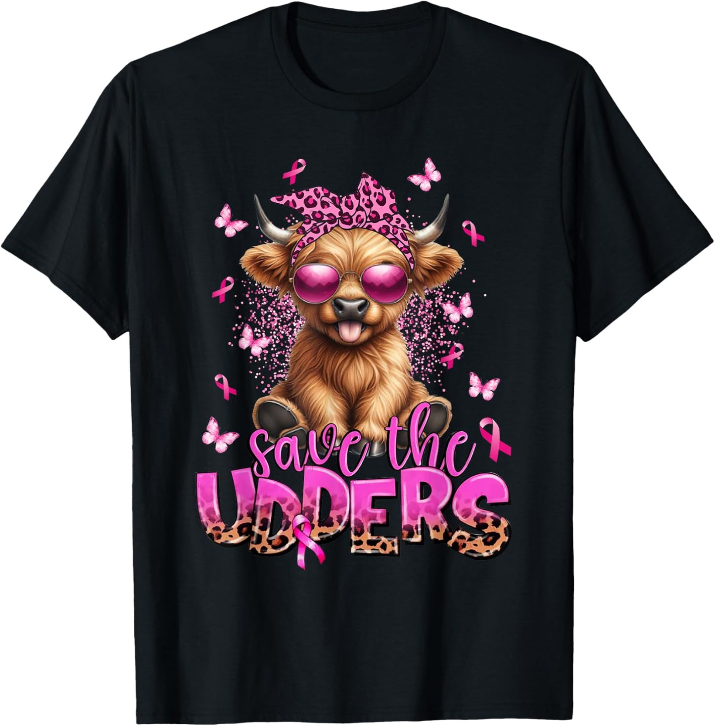 Save The Udders Breast Cancer Awareness Warrior Highland Cow T-Shirt - T-Shirt | Black