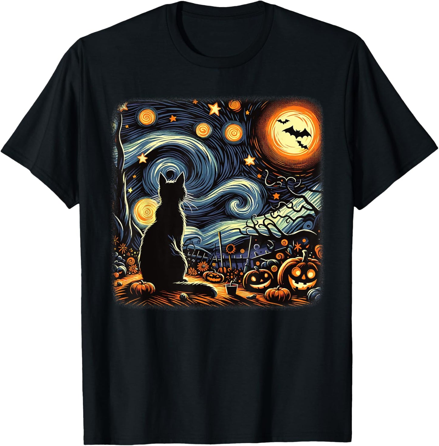Halloween Black Cat Van Gogh Starry Night Cat Lovers Cat T-Shirt - T-Shirt | Black