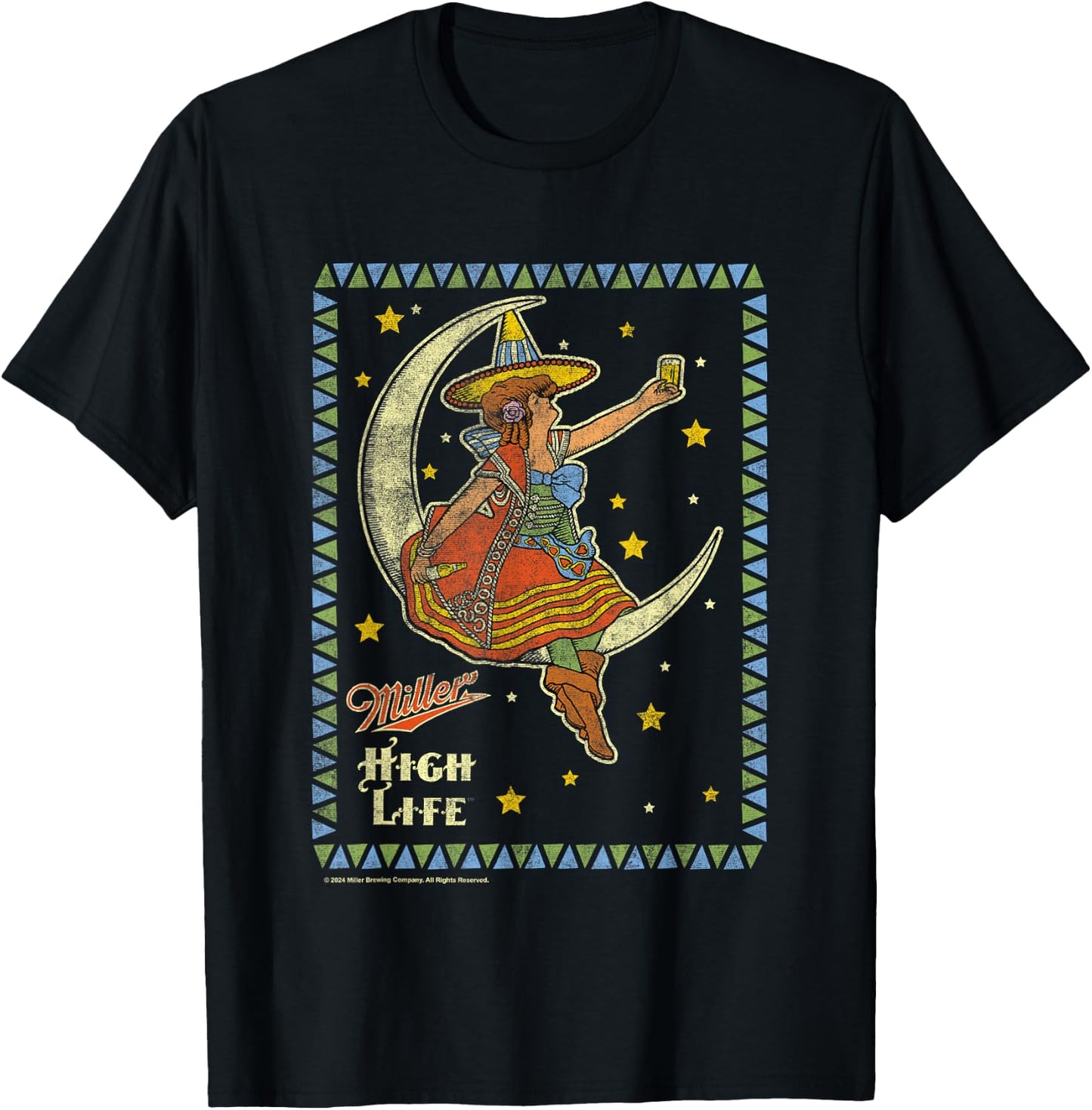 Miller High Life Girl On The Moon Vintage Stamp T-Shirt - T-Shirt | Black