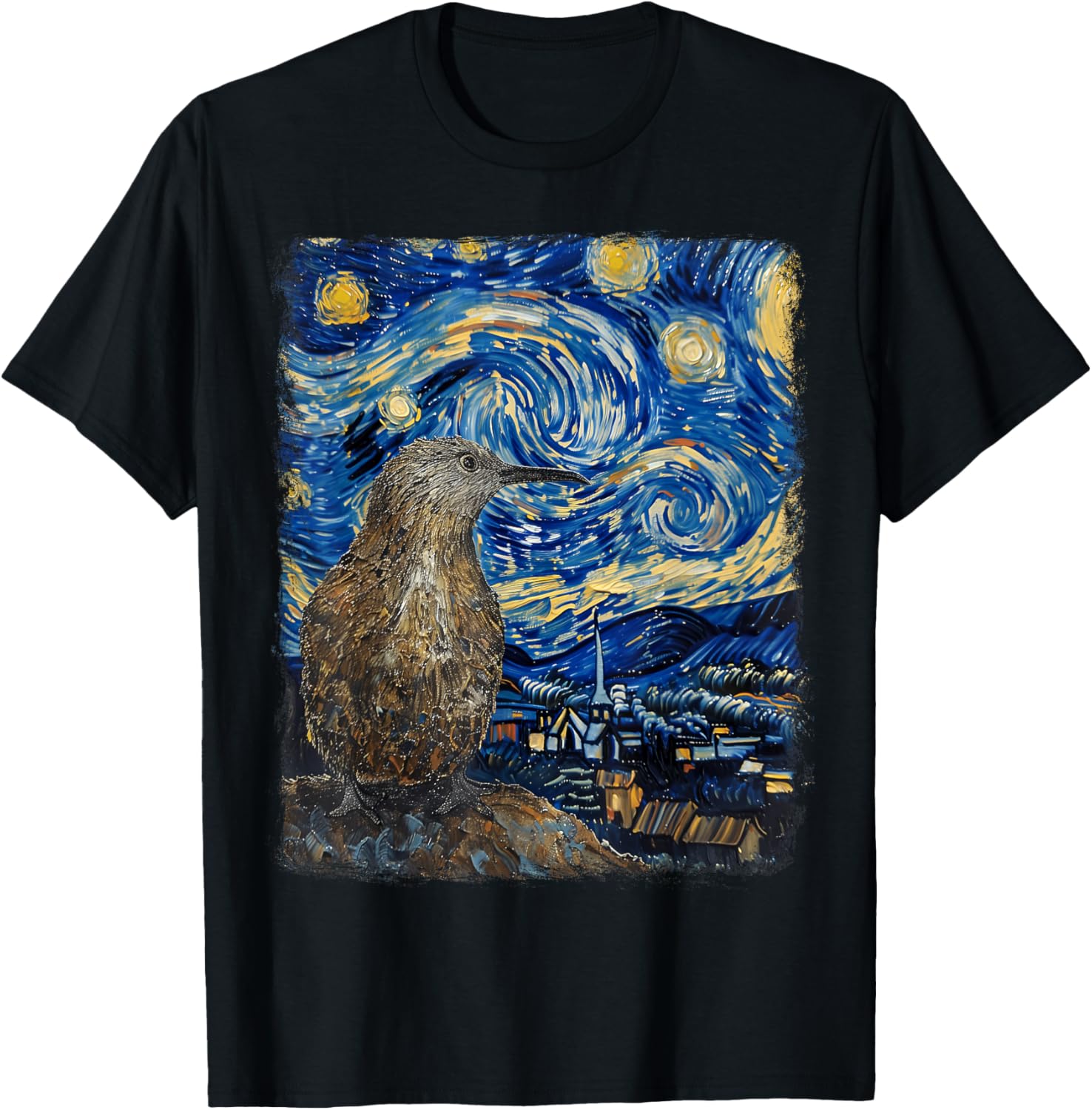 Kiwi Bird New Zealand Starry Night Painting T-Shirt - T-Shirt | Black