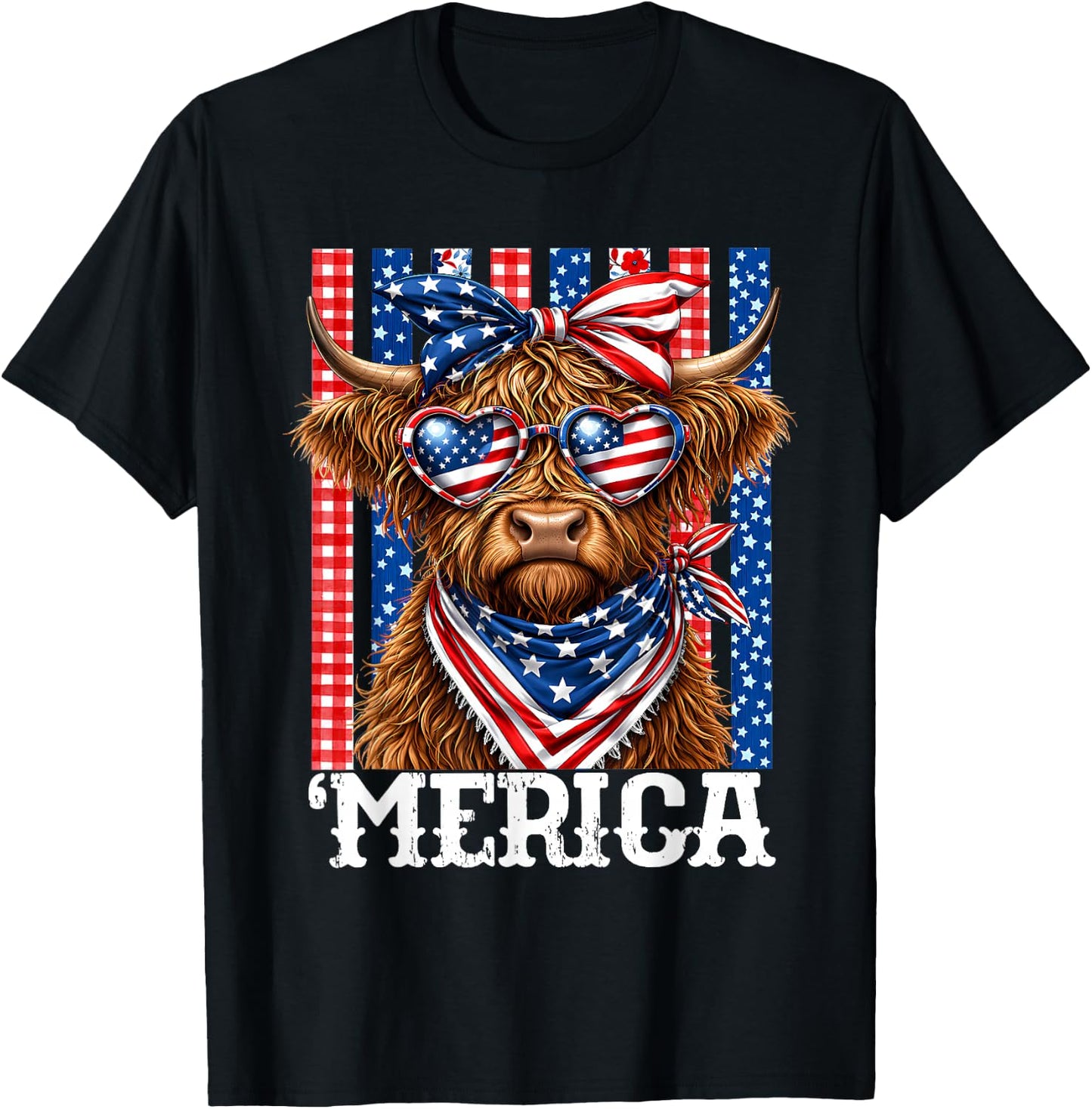 'Merica Highland Cow 4th of July Red White Blue Western Cow T-Shirt - T-Shirt | Black