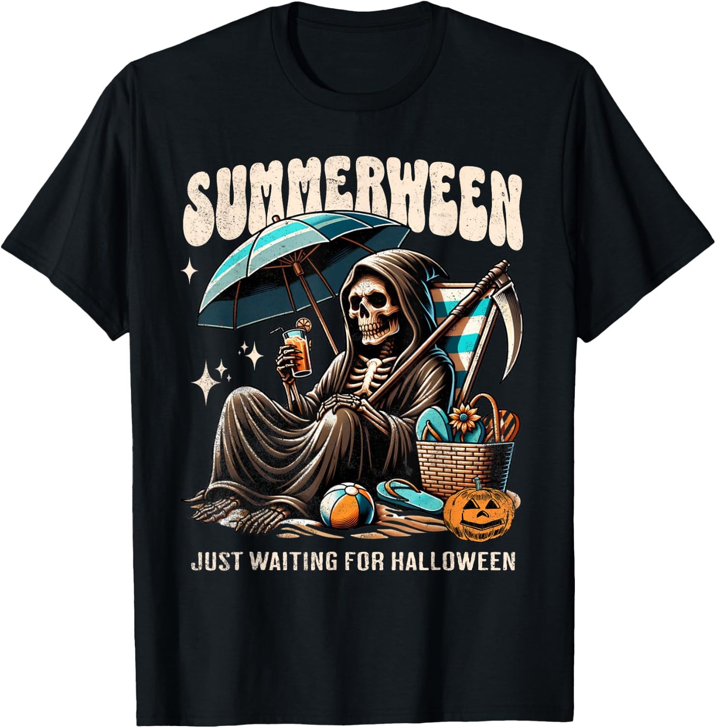 Summerween Grim Reaper Skeleton Summer Vibes Halloween Ghost Men Women Kids T-Shirt - T-Shirt | Black