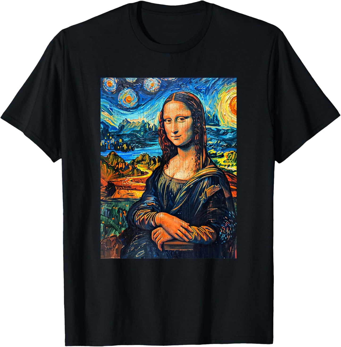Monalisa Starry Night Painting Funny Men Women Kids T-Shirt - T-Shirt | Black