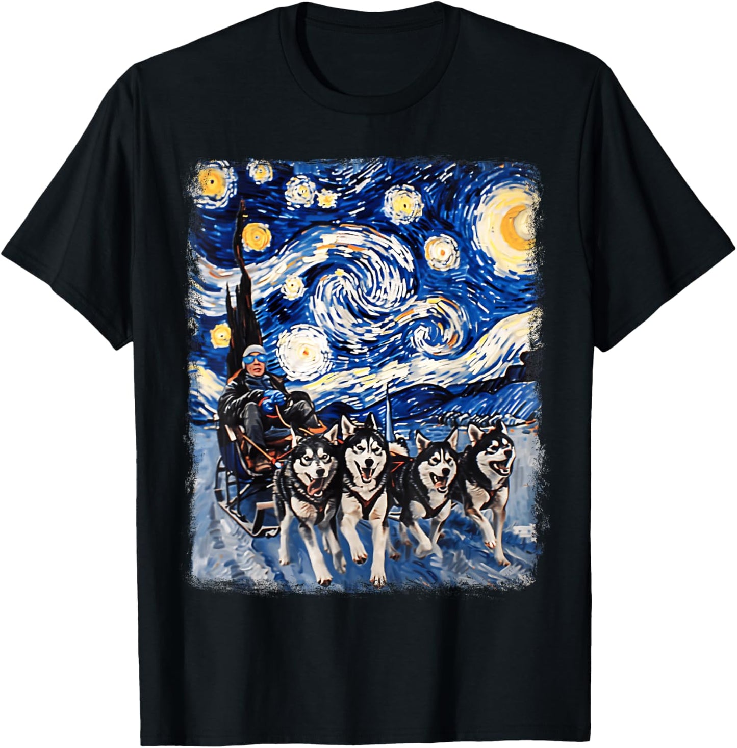Mushing Sled Dog Siberian Husky Starry Night Painting T-Shirt - T-Shirt | Black