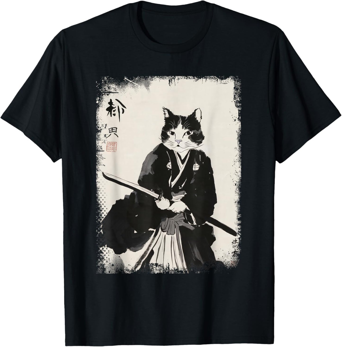 Cat Samurai Warrior Vintage Ukiyo-e Art Japanese Katana T-Shirt - T-Shirt | Black