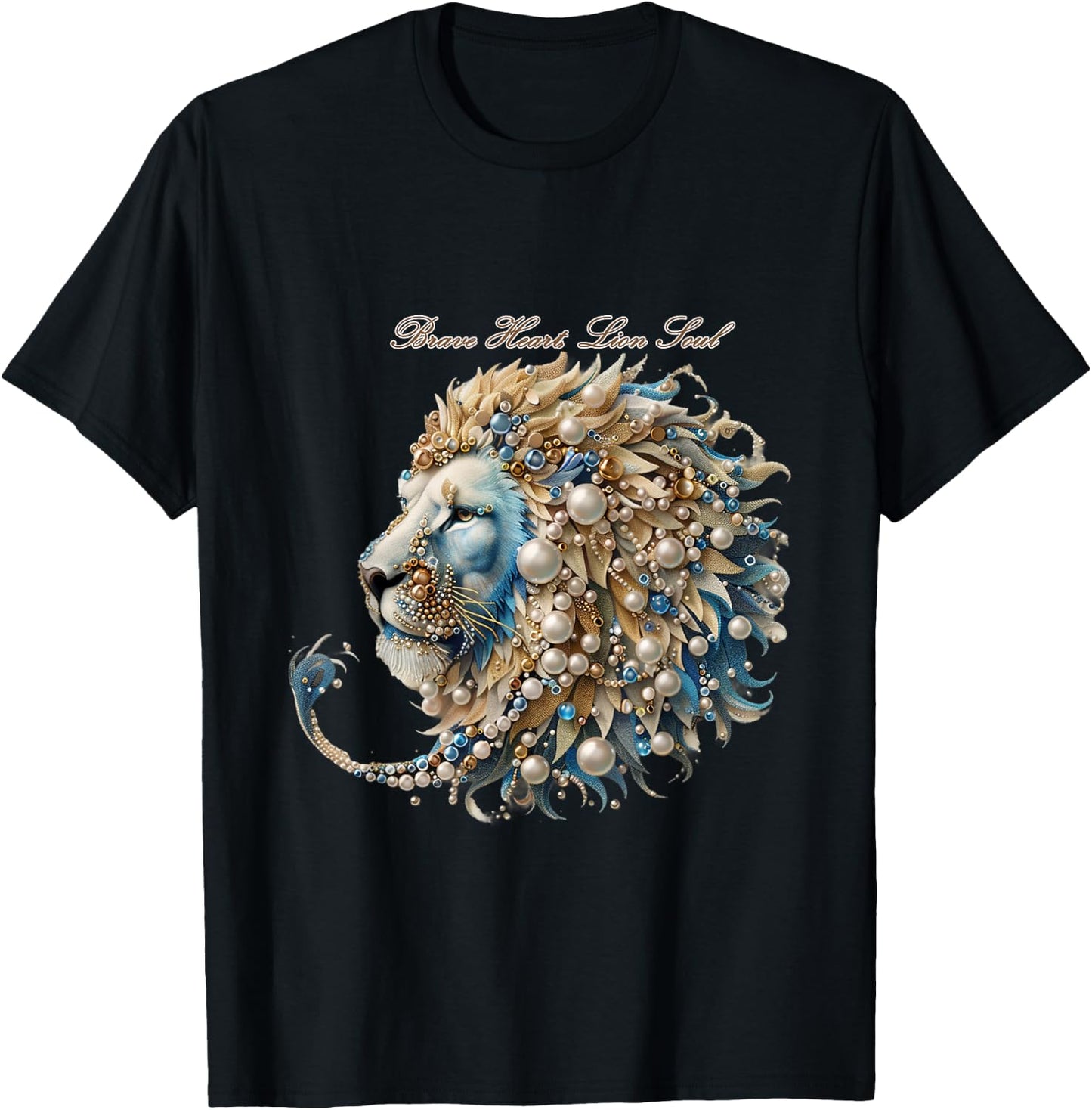 Luxury pearl and gemstone decorated lion design fashionable T-Shirt - T-Shirt | Black