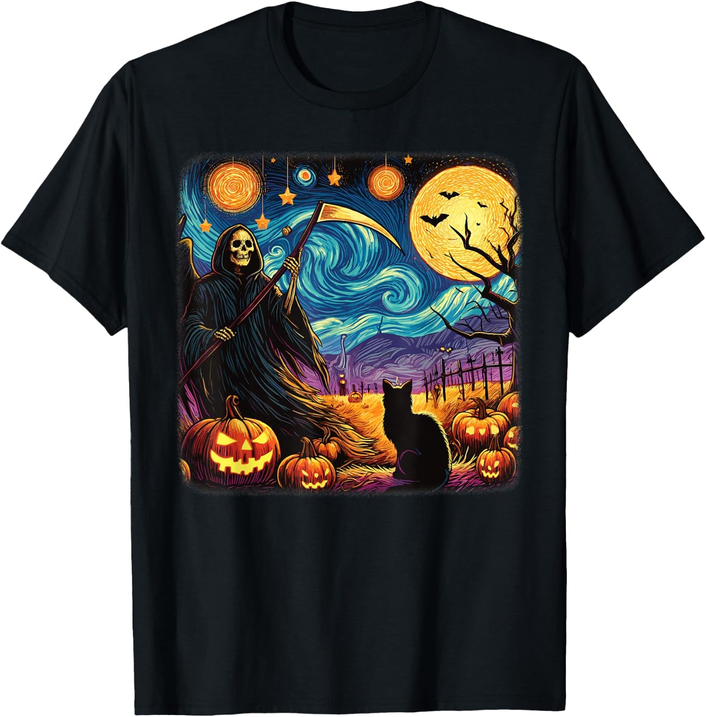 Halloween Van Gogh Starry Night Grim Reaper Pumpkins Cats T-Shirt - T-Shirt | Black