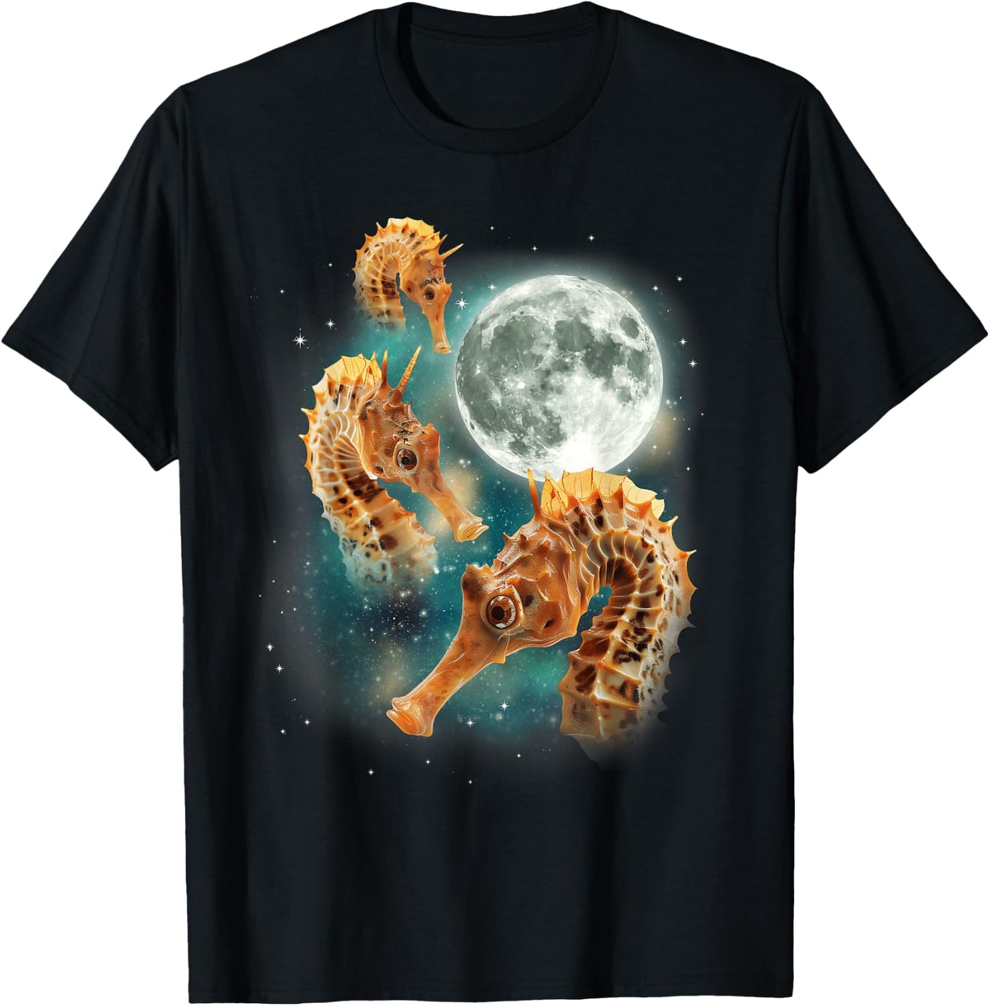 Three Seahorses Moon | 3 Cute Ocean Marine Animal Sea Horse T-Shirt - T-Shirt | Black
