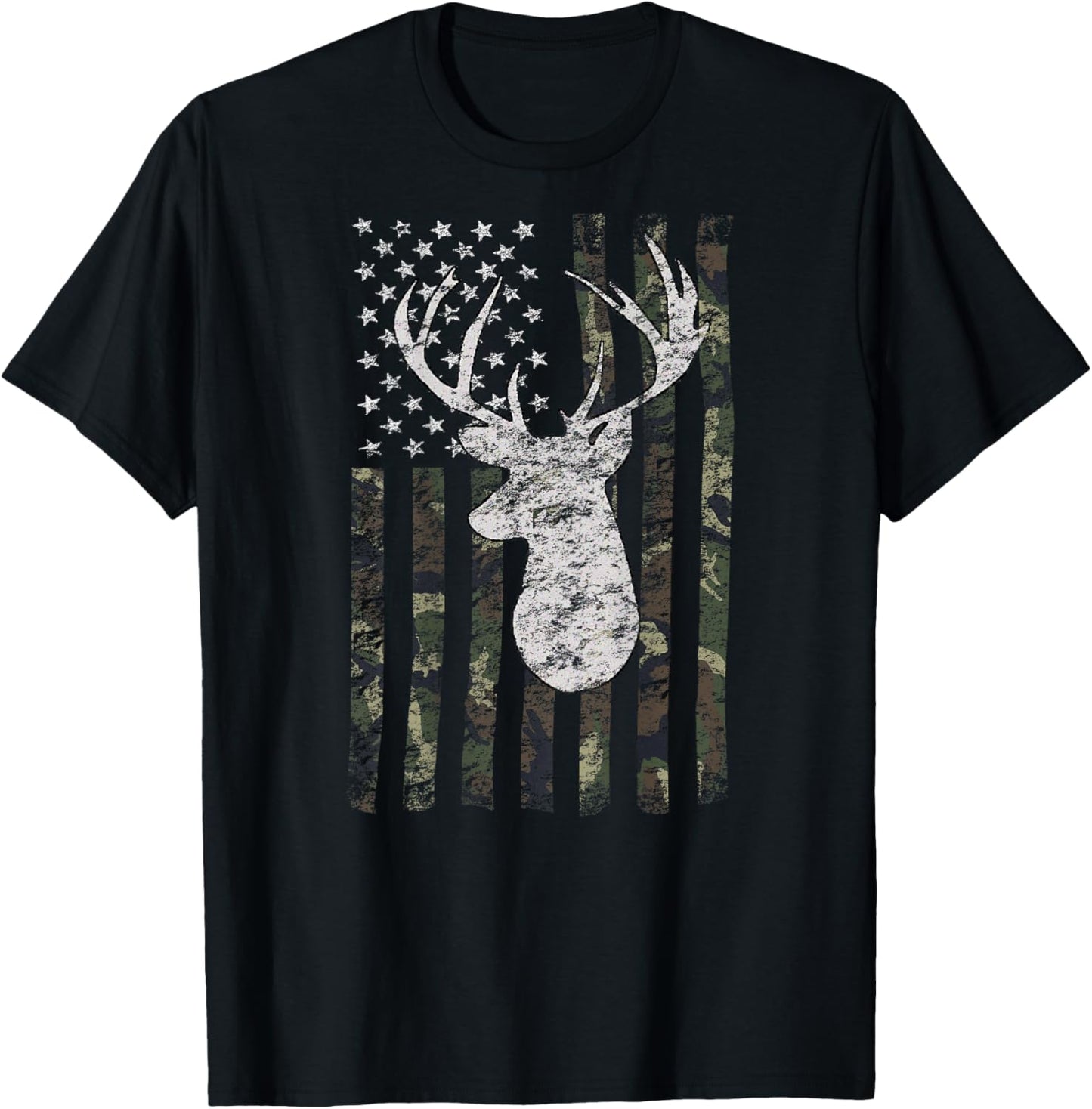 Deer Hunting American Flag Camo Buck Silhouette (on Back) Kids Men T-Shirt - T-Shirt | Black