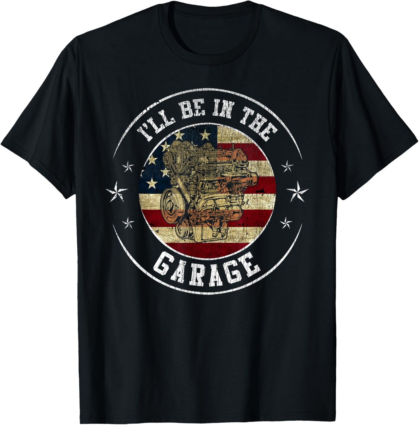Retro Flag American Grandpa Mechanic I'll be in the garage T-Shirt - T-Shirt | Black