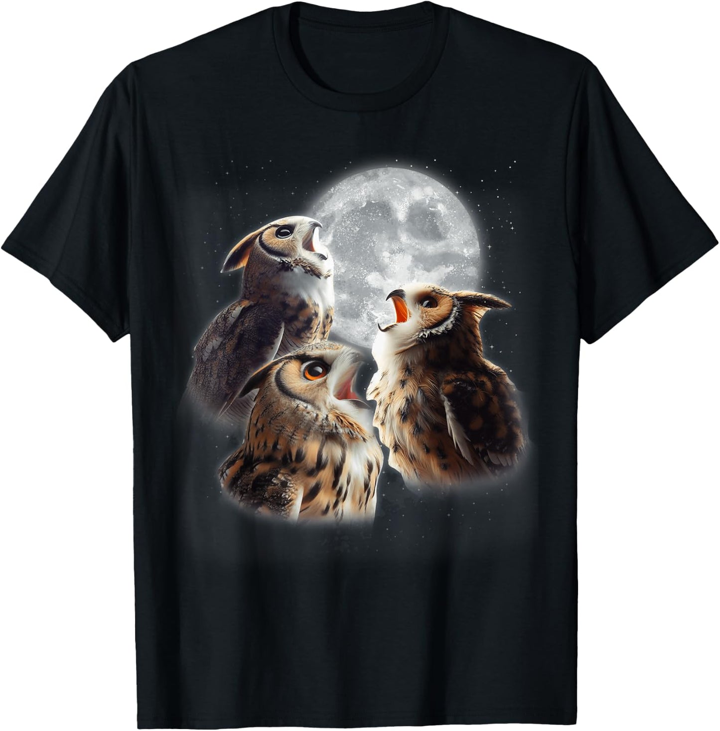3 Owls Howling At The Moon Funny Night Owl Lover Birdwatcher T-Shirt - T-Shirt | Black
