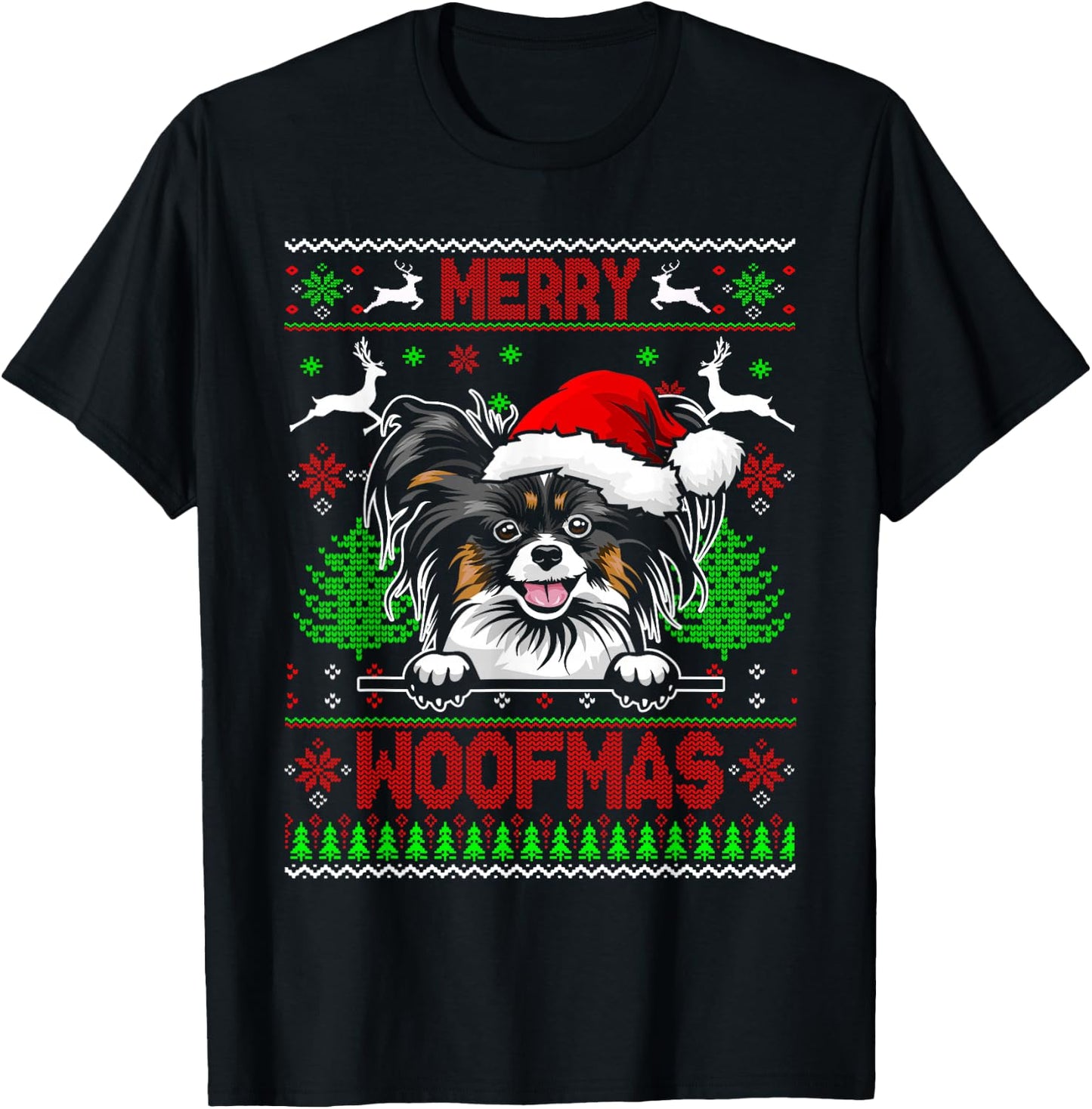 Merry Woofmas Christmas Santa Papillon Sweater T-Shirt - T-Shirt | Black