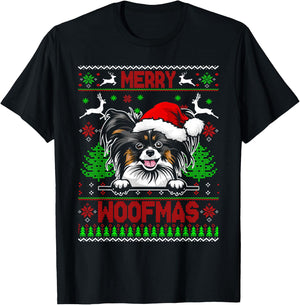 Merry Woofmas Christmas Santa Papillon Sweater T-Shirt - T-Shirt | Black