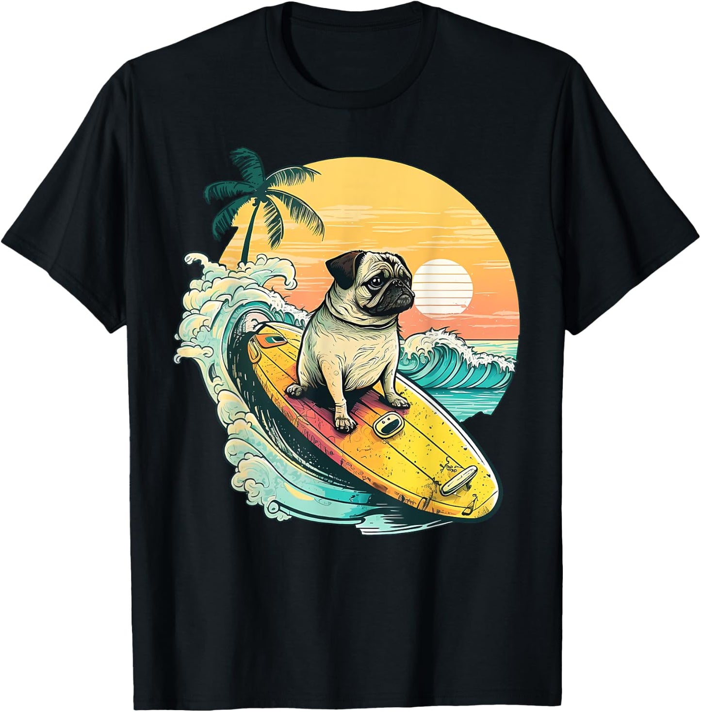 Funny Surfing Pug On Beach Pet Lover Vacation Summer T-Shirt - T-Shirt | Black
