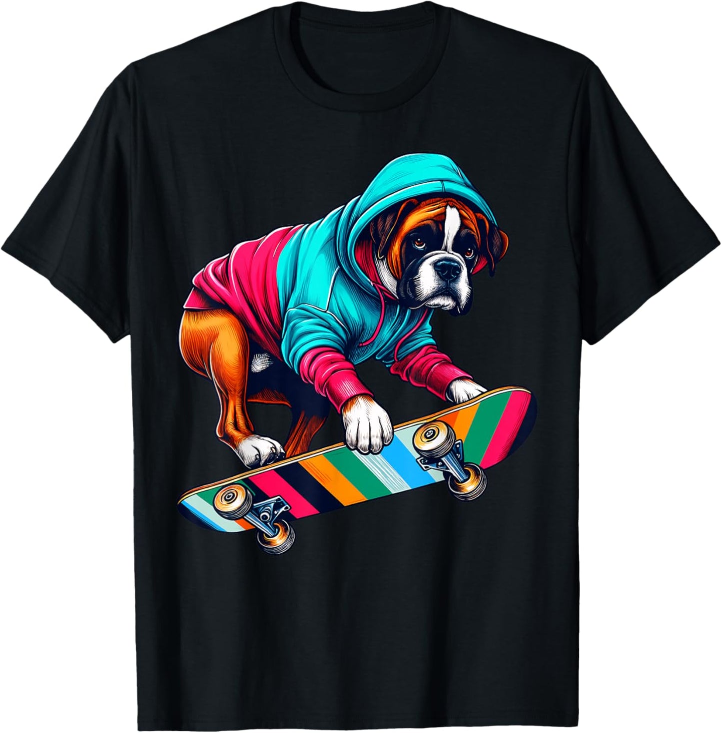 Cool Boxer Dog Skateboarding Illustration Art T-Shirt - T-Shirt | Black