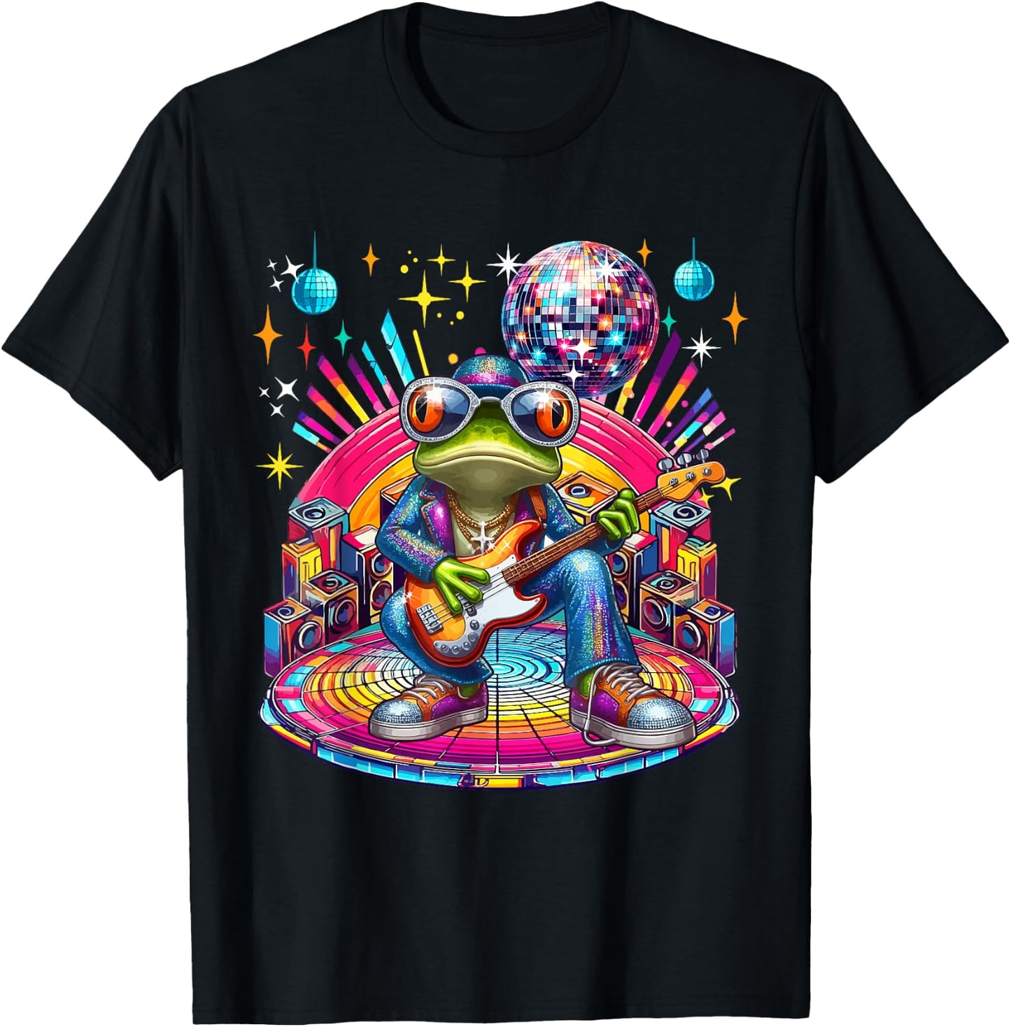 Frog Sunglasses Playing Guitar Colorful Costume Disco T-Shirt - T-Shirt | Black
