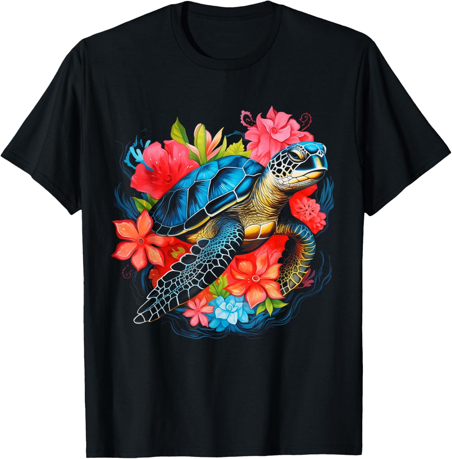 Sea Turtle Hawaiian Flowers Hawaii Scuba Diving Diver T-Shirt - T-Shirt | Black