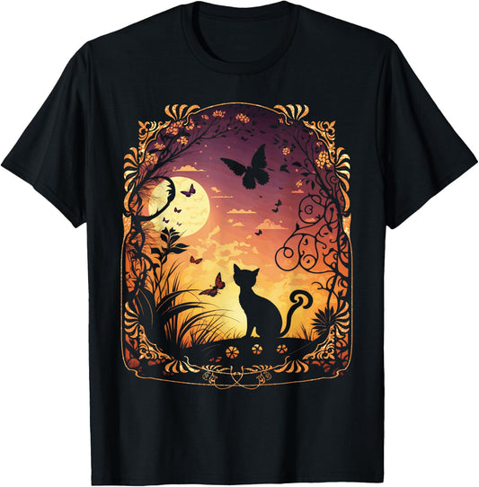 Cottagecore Aesthetic Cat Moon Butterflies Flowers Women T-Shirt - T-Shirt | Black