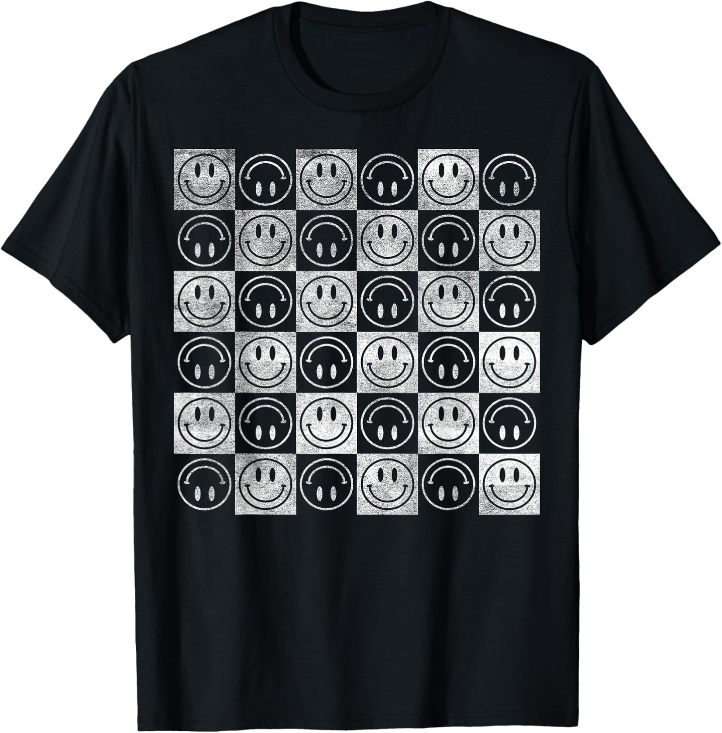 Happy Face Checkerboard Pattern Minimal – Checkered Smile T-Shirt - T-Shirt | Black