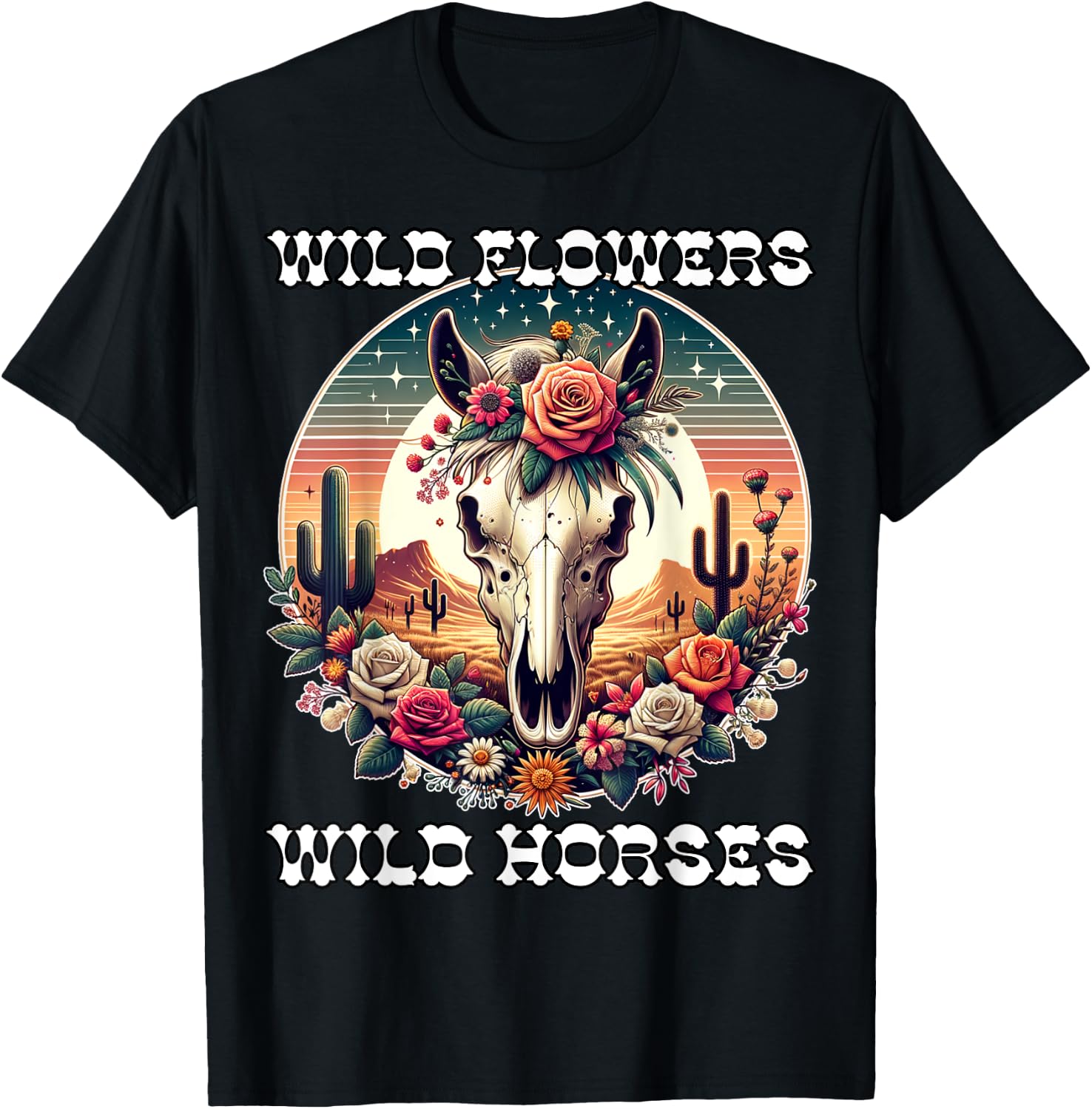 Wild Flowers and Wild Horses Vintage Sunset Country Cowgirl T-Shirt - T-Shirt | Black