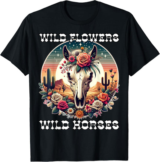 Wild Flowers and Wild Horses Vintage Sunset Country Cowgirl T-Shirt - T-Shirt | Black