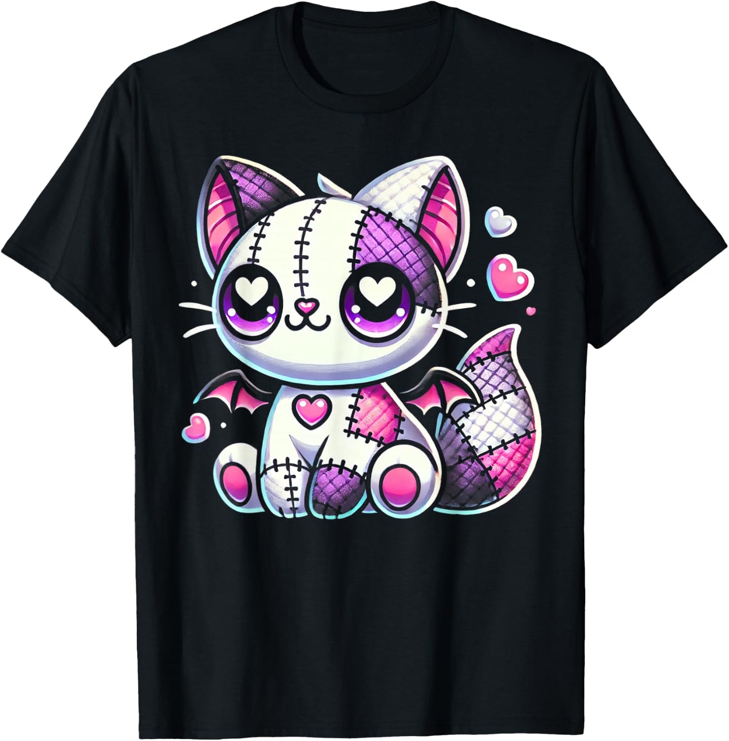 Kawaii Pastel Goth Creepy and Witchy Zombie Patchwork Cat T-Shirt - T-Shirt | Black