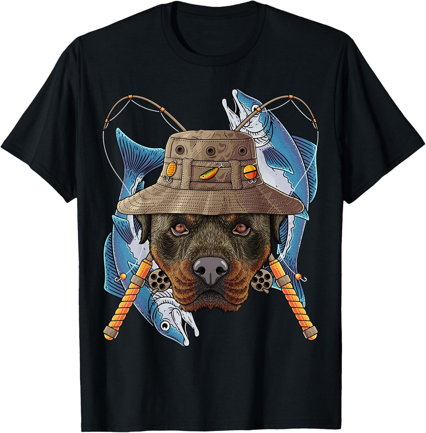 Fishing Rottweiler Outdoor Fisherman Dog Cute Fly Fishing T-Shirt - T-Shirt | Black