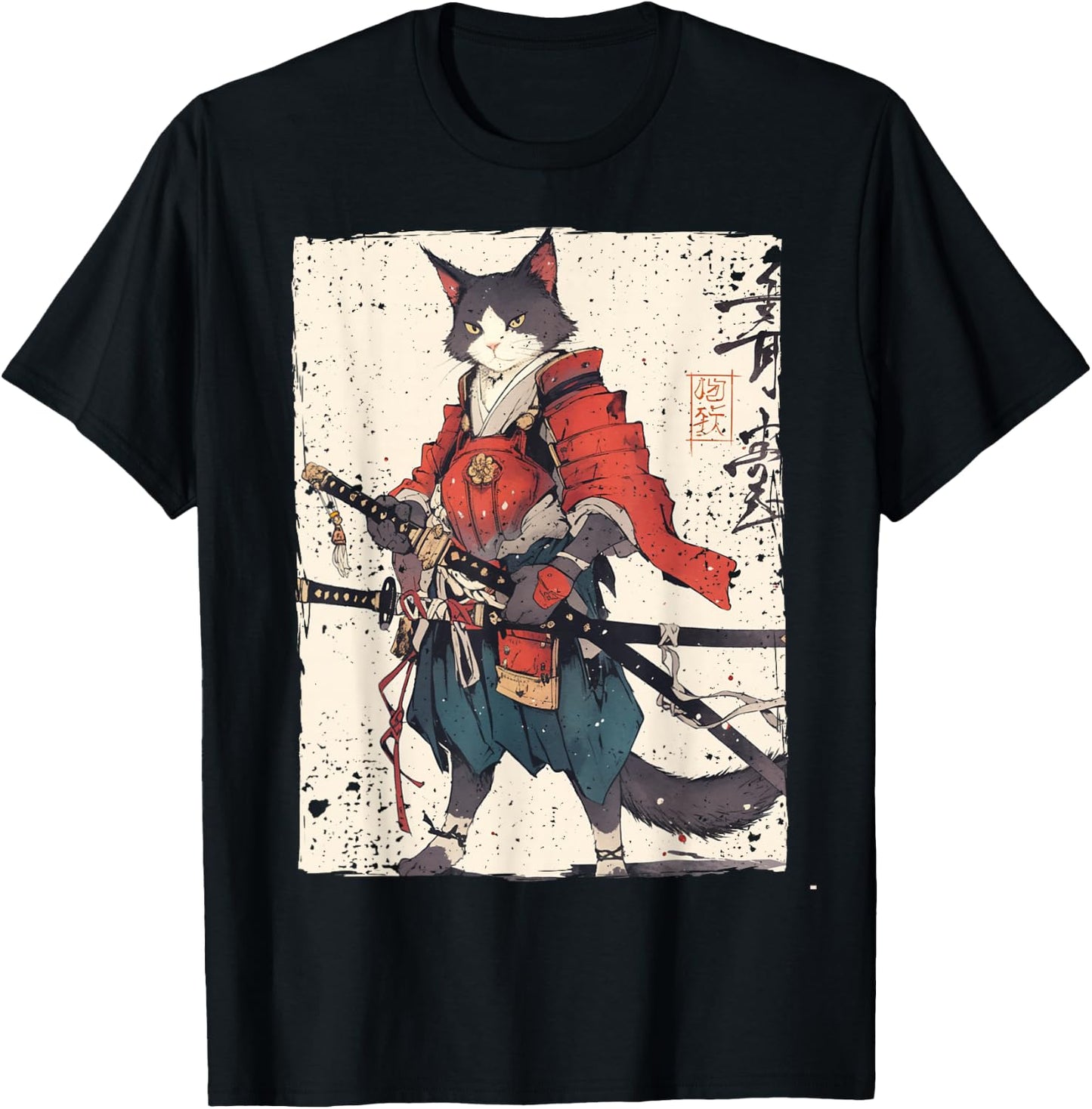 Samurai Cat Warrior Ukiyo Ink Artwork Cat Samurai Women Girls Kids T-Shirt - T-Shirt | Black