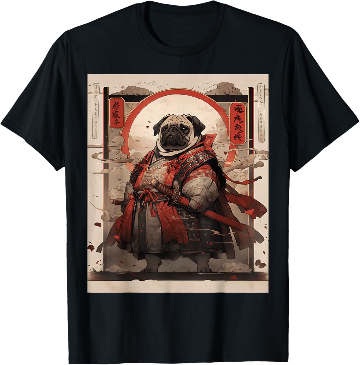 Samurai Pug Dog Retro Japanese Ukiyo-e Warrior Fighter Art Women Kids T-Shirt - T-Shirt | Black