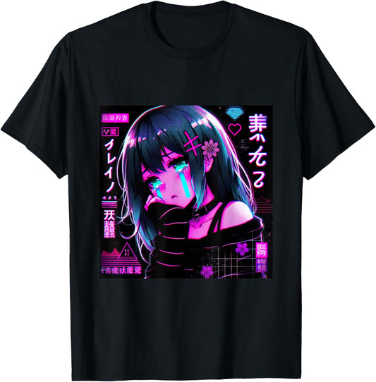 Vaporwave Anime Girl Japanese Aesthetic Anime Otaku T-Shirt - T-Shirt | Black