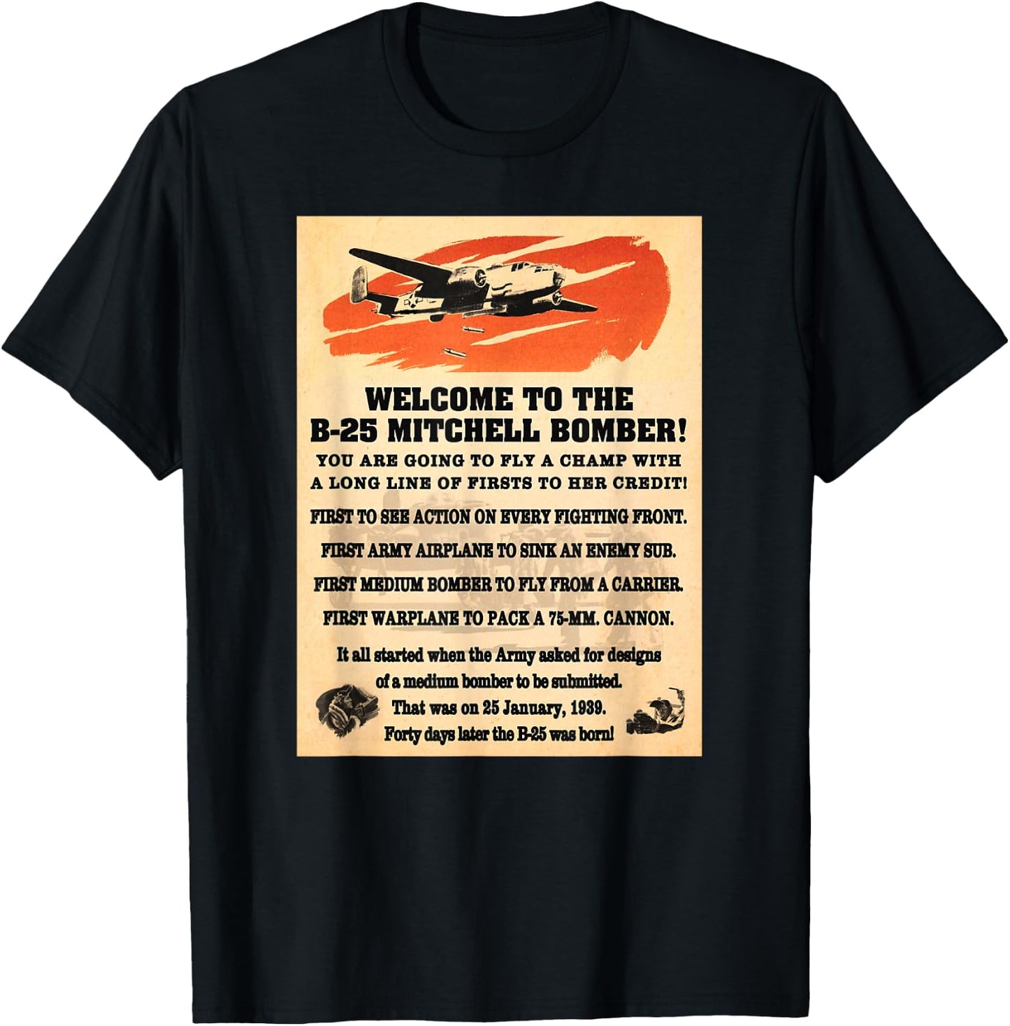 B-25 Mitchell WW2 Medium Bomber Facts Welcome Information T-Shirt - T-Shirt | Black