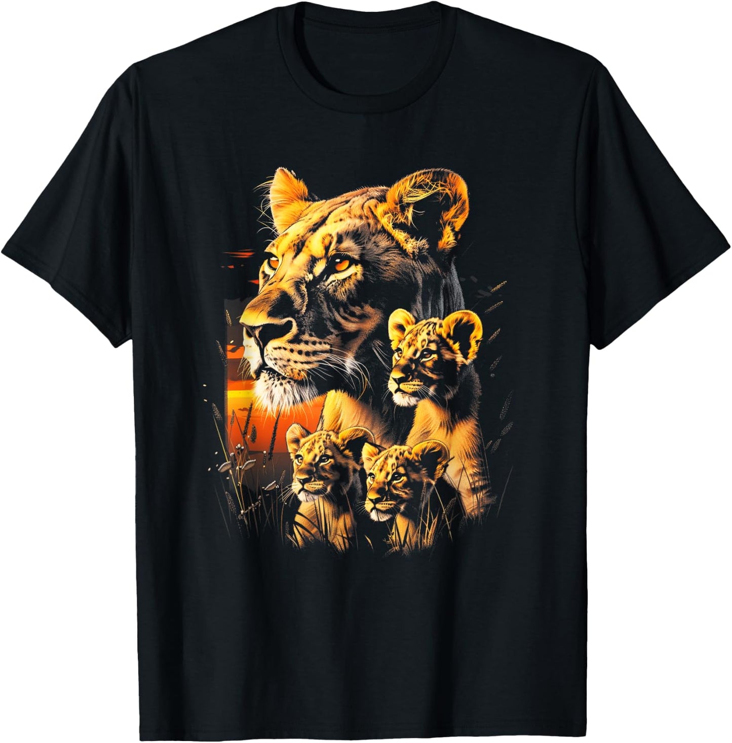 Lioness Cubs African Sunset Lion family Lion cubs T-Shirt - T-Shirt | Black