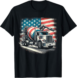 Cement Mixer Truck Construction America Flag T-Shirt - T-Shirt | Black