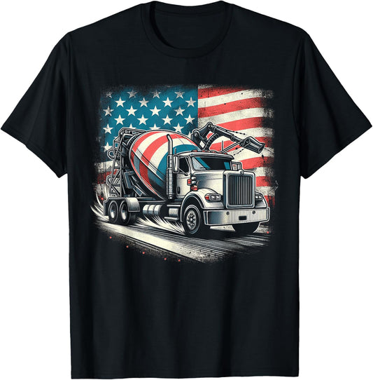 Cement Mixer Truck Construction America Flag T-Shirt - T-Shirt | Black