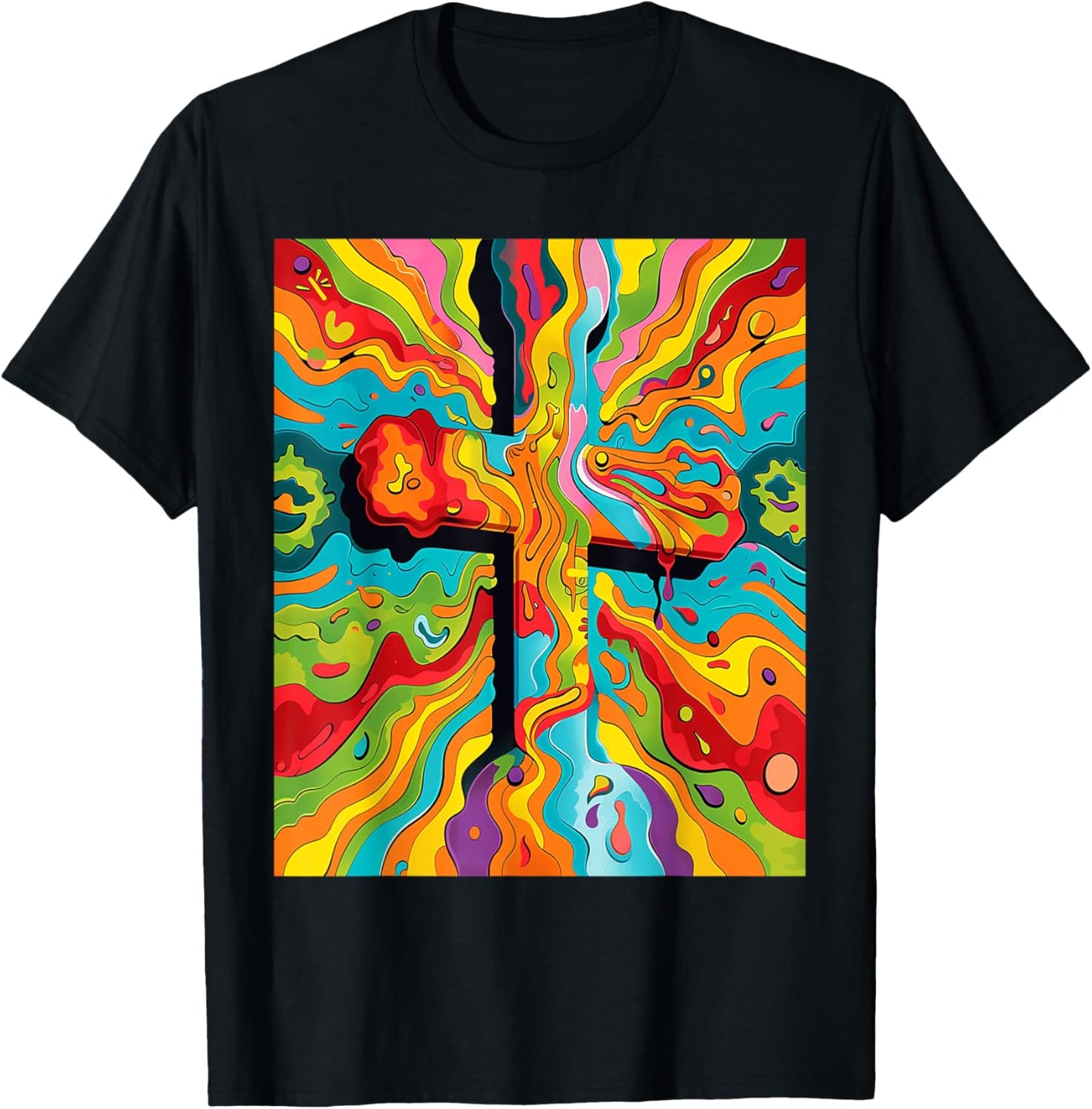Colorful Vibrant Psychedelic Powerful Religious Cross Art T-Shirt - T-Shirt | Black