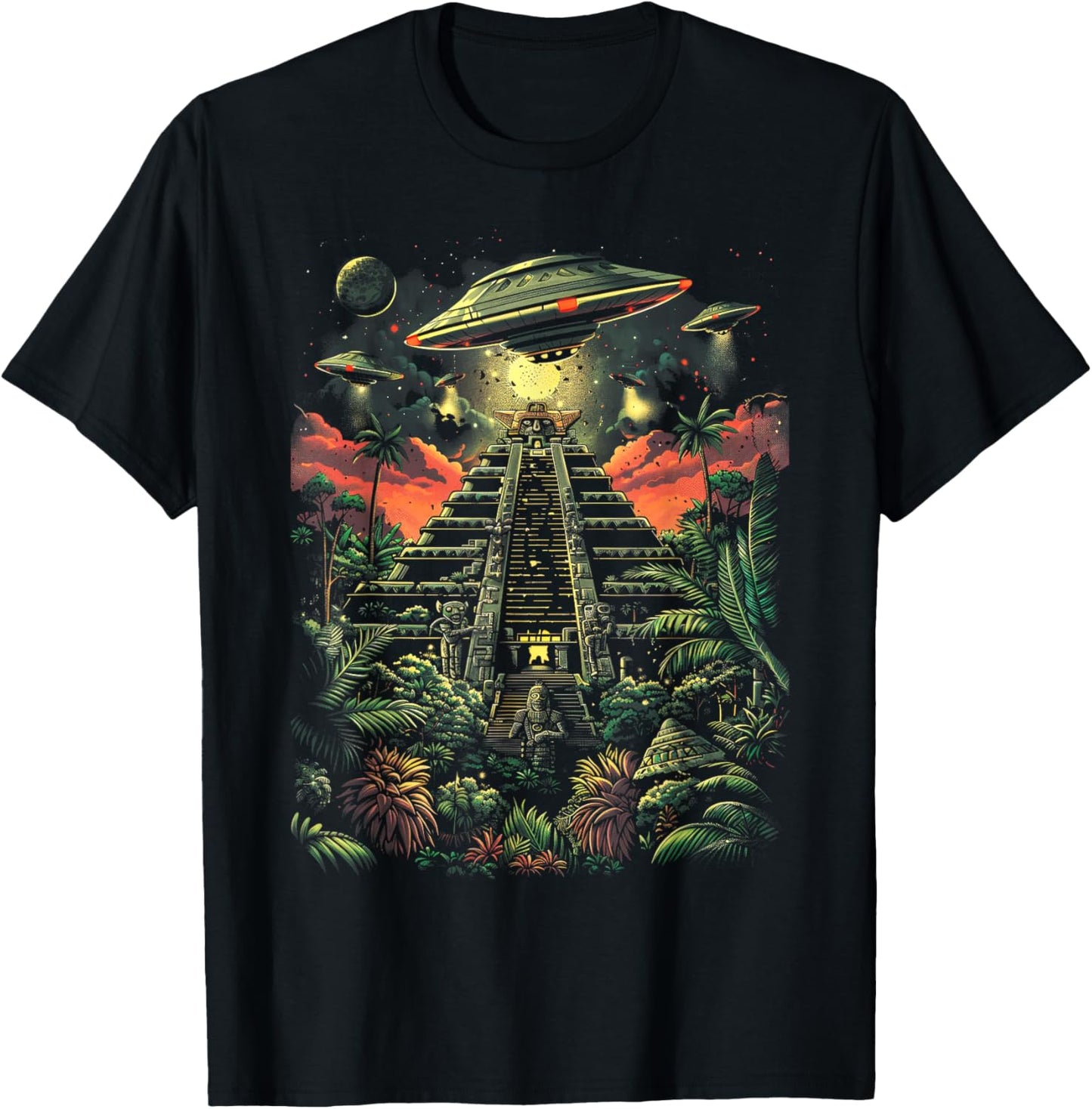 UFO Ancient Alien Pyramid South America Jungle T-Shirt - T-Shirt | Black