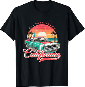 Classic Muscle Car Retro Newport Beach California Surfer Sun T-Shirt - T-Shirt | Black