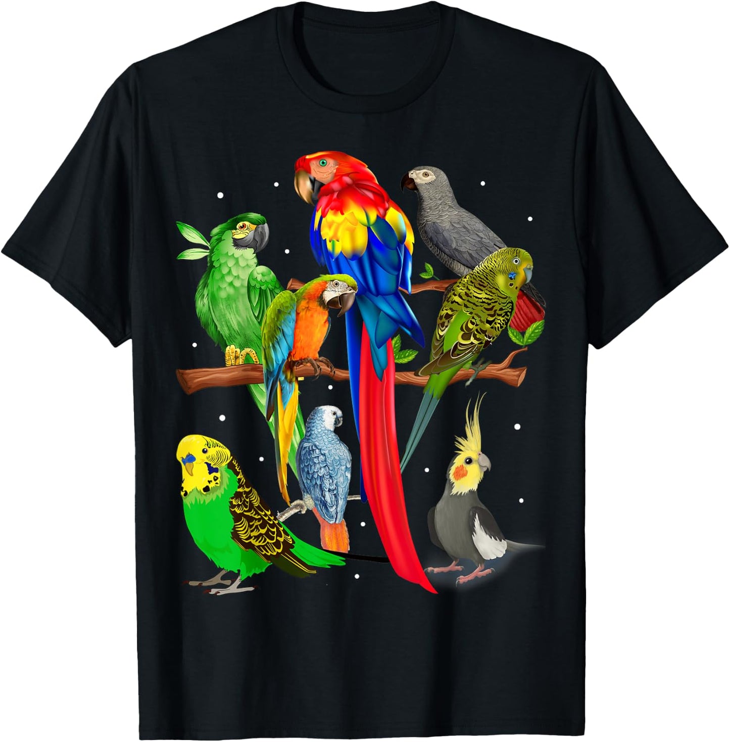 Macaw, Cockatoo, African Grey, Budgie - Parrot Flock T-Shirt - T-Shirt | Black