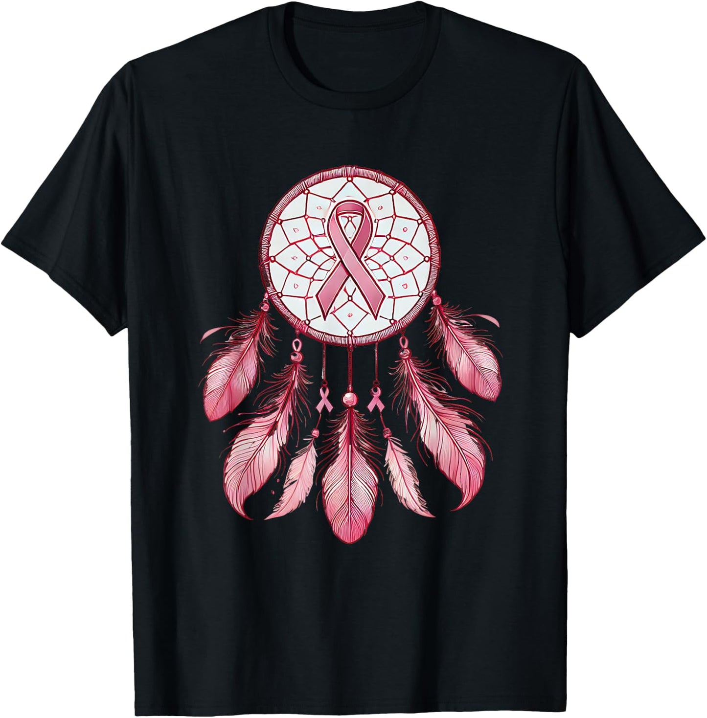 Pink Ribbon Native Indian DreamCatcher Art Breast Cancer T-Shirt - T-Shirt | Black