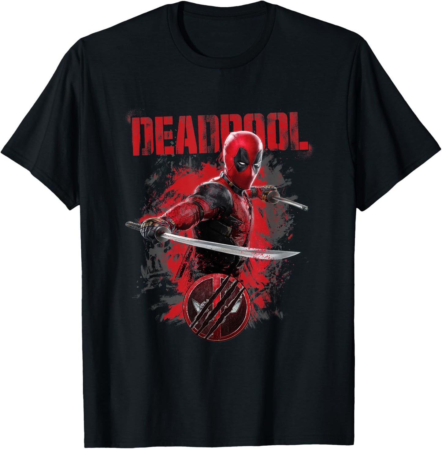 Marvel Deadpool & Wolverine Distressed Red Stamp Hero Logo T-Shirt - T-Shirt | Black