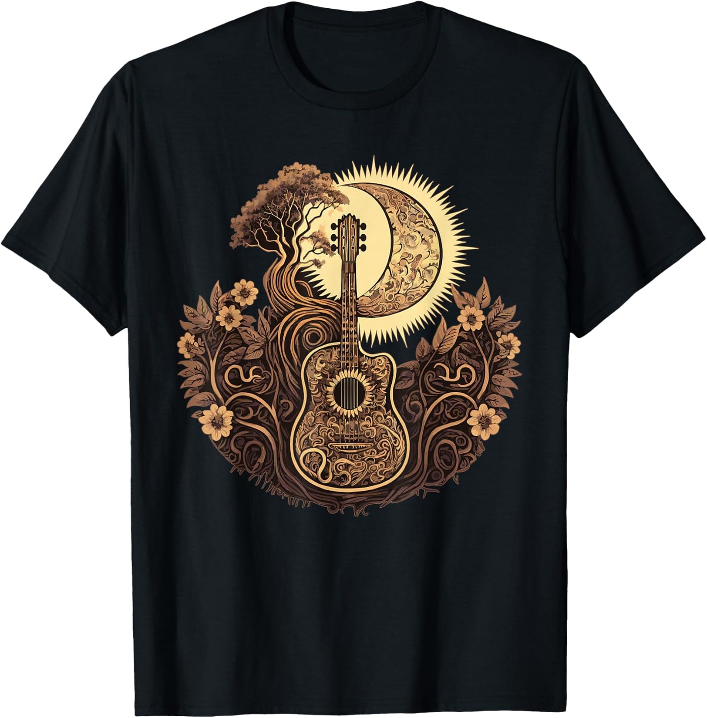 Acoustic Guitar Tree With Moon Guitarist T-Shirt - T-Shirt | Black